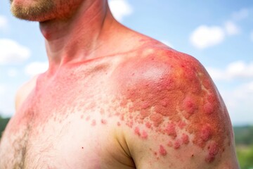 Naklejka premium Sunburnt Skin with Blisters Closeup.