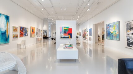 A beautifully arranged art gallery showcasing a variety of modern artworks. The clean white walls and well-lit space highlight the diverse and striking pieces on display.