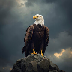 Obraz premium Bald Eagle Standing Majestically on a Rocky Outcrop Against Stormy Skies