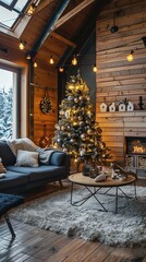 Fototapeta premium A beautifully decorated Christmas tree lights up a cozy living room with a warm fireplace in a rustic cabin