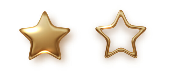 Obraz premium Golden realistic metallic stars isolated. Glossy yellow 3D trophy star icon. Christmas stars template PNG