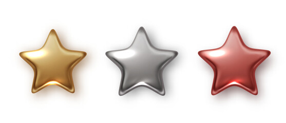Metallic star isolated. Gold, platinum, silver, bronze star fo award. Christmas design element PNG