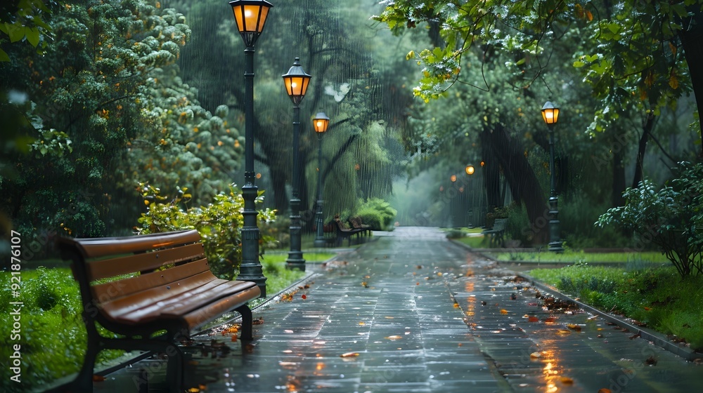 Wall mural Rainy Autumn Park Landscape with Benches and Lampposts Serene Atmosphere