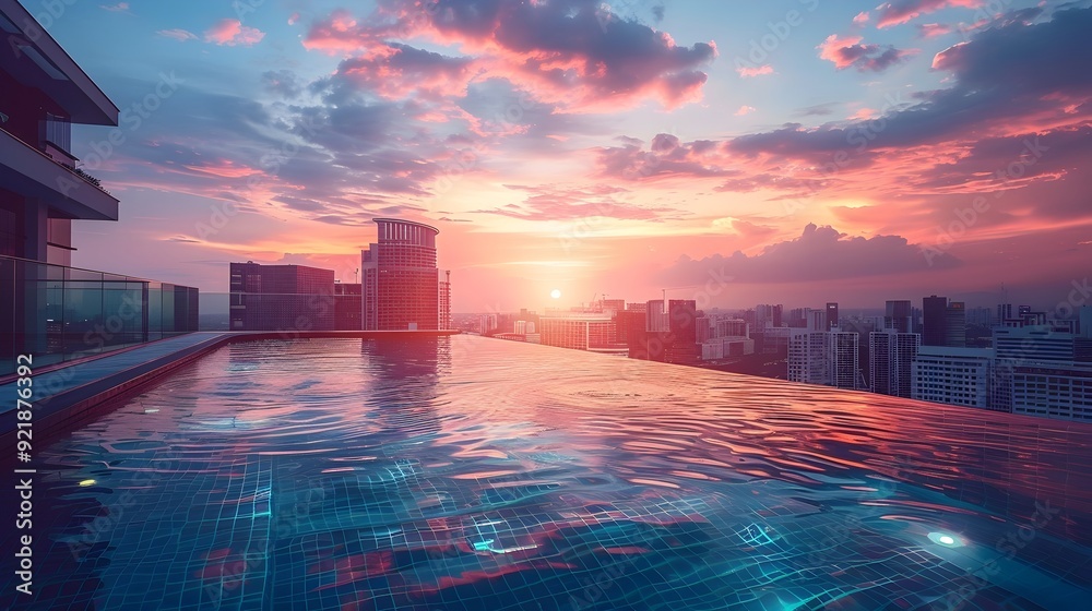 Poster Breathtaking Sunset Over Rooftop Pool With Stunning City Skyline