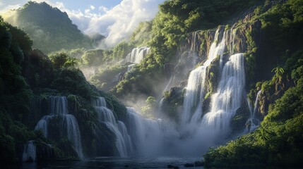 Fototapeta premium A breathtaking view of a cascading waterfall surrounded by rocky cliffs and lush vegetation, with mist rising into the air