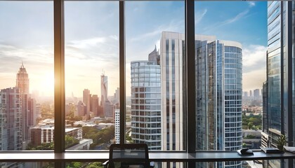 Plakat Modern office business background with modern desk as foreground, seeing high rise building city view outside workplace clear window