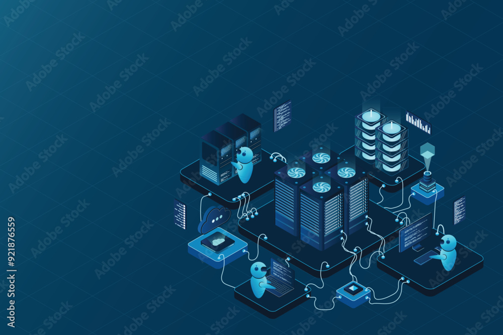 Poster isometric data center or server room. data center connection network. cloud storage. isometric high 