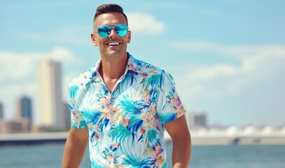 A man wearing a Hawaiian shirt and sunglasses is smiling and posing for a photo