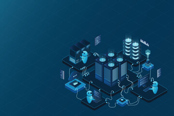Isometric data center or server room. Data center connection network. Cloud storage. Isometric high technology concept. Vector illustration