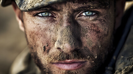 Obraz premium A series of close-up portraits of war correspondents, with dust and grit on their faces, captured amidst conflict zones, showing the raw reality of their work.