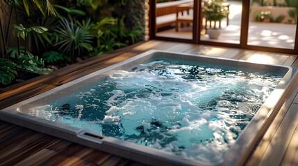 Obraz premium Vibrant and Relaxing Indoor Pool with Tub Area and Lush Tropical Setting