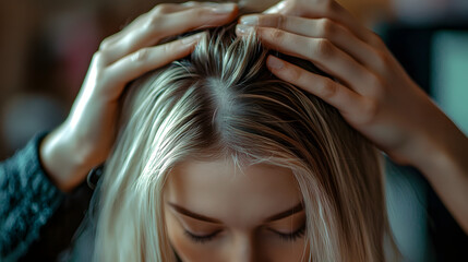 Fototapeta premium A woman with long blonde hair is getting her hair done