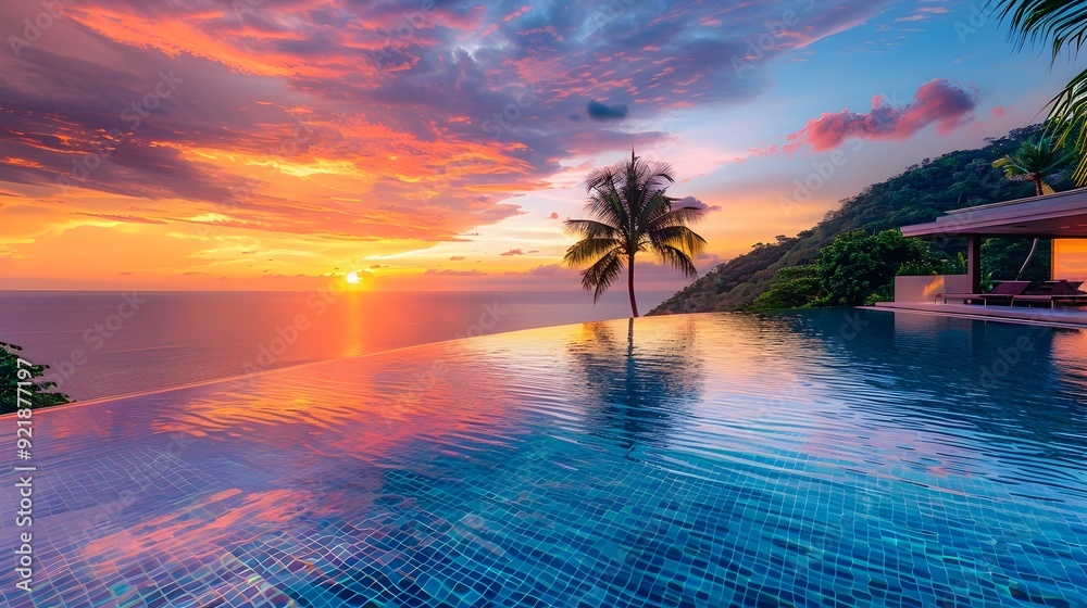 Sticker Breathtaking Sunset Overlooking Serene Infinity Pool in Tropical Paradise