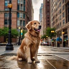 isolated cute adorable golden retriever pet dog on the street