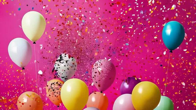 Multicolored balloons ascend in a vivid pink setting. Swirling confetti adds to the dynamic, celebratory atmosphere, creating a joyous and energetic scene.	
