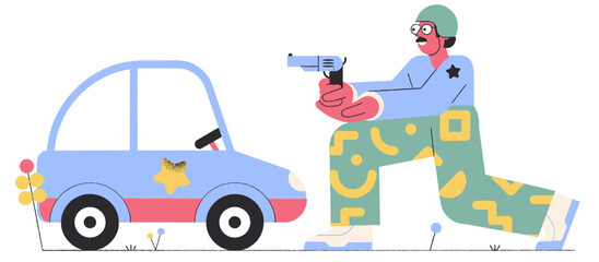 Policeman with weapon standing next to car