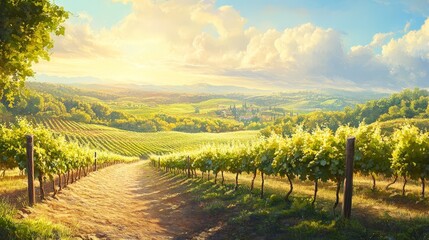 Naklejka premium A bright, sunny day over a rolling vineyard. The rays highlight the lush grapevines and create a beautiful contrast between the green of the vines and the blue of the sky