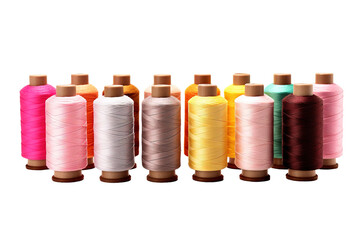 Vibrant Collection of Colorful Sewing Threads Displayed on Wooden Spools in Natural Light on White or PNG Transparent Background.