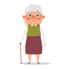 Cute elderly woman. Grandma with a cane. Vector illustration 