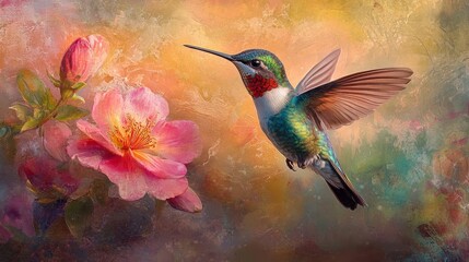 Fototapeta premium A captivating image of a vibrant hummingbird hovering near a blooming flower. The iridescent feathers and rapid wing beats add a dynamic and colorful touch to the floral setting