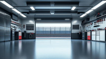Modern car repair garage with open roller door leading to racetrack