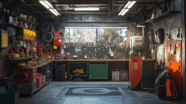 Empty vintage garage interior with tools organized on wall