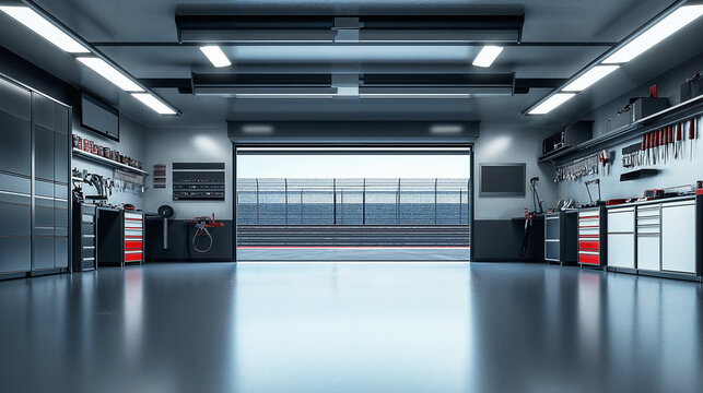 Modern car repair garage with open roller door leading to racetrack