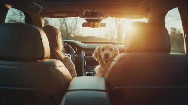 Golden retriever dog enjoying road trip at sunset with owner driving car - Powered by Adobe