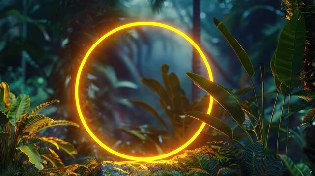 Video animation of neon glowing round circle frame on the background with tropical leaves and flowers