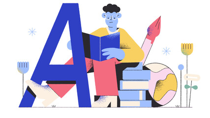 A man sitting on a stack of books reading a book