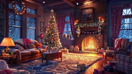 A beautifully decorated living room features a tall Christmas tree beside a crackling fireplace during a snowy winter evening