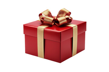A Bright Red Gift Box Adorned With Golden Ribbon Ready for Celebration on White or PNG Transparent Background.