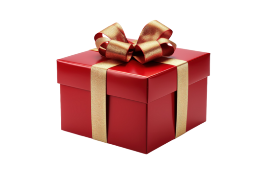 A Bright Red Gift Box Adorned With Golden Ribbon Ready for Celebration on White or PNG Transparent Background.