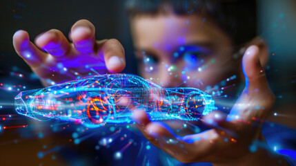 Naklejka premium A child is engaged with a glowing holographic car projection in a dimly lit space