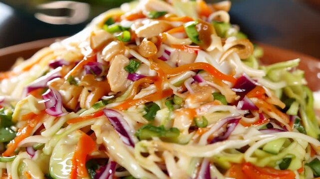 Colorful coleslaw salad with mixed veggies, sesame dressing, and toasted cashews.