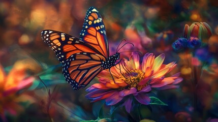A captivating view of a vibrant butterfly perched on a colorful flower in a garden. The intricate patterns on the wings and the vivid hues of the flower create a beautiful and delicate scene.