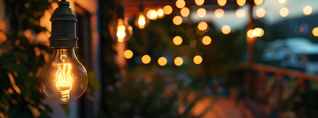 Cozy outdoor lightning at the evening garden. Lamp Bulbs, string garlands, lights hanging on the trees on backyard of suburban house. Generative ai