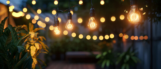 Cozy outdoor lightning at the evening garden. Lamp Bulbs, string garlands, lights hanging on the trees on backyard of suburban house. Generative ai