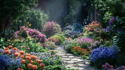 Fototapeta premium A charming garden scene with a variety of flowering shrubs and plants. The flowers are in full bloom, creating a colorful and lively atmosphere that invites exploration and enjoyment