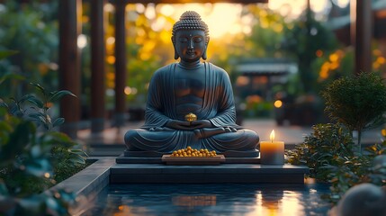 Tranquil Zen Garden with Buddha Statue, Nootropic Capsules, and Candlelight for Deep Meditation and Mental Clarity