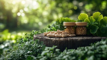 Organic Nootropic Capsules and Supplements with Ginkgo Biloba and Rhodiola Root, Presented in a Natural Setting Surrounded by Greenery, Highlighting Their Natural and Holistic Health Benefits