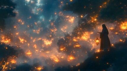 Enchanted Dark Forest with Glowing Mystical Creatures and a Witch Casting Spells Among Floating Lanterns for a Magical and Fantasy Atmosphere