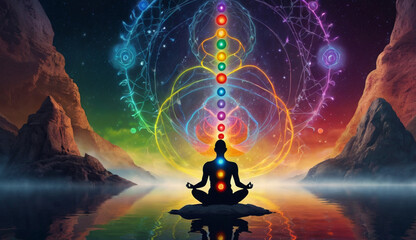 A person meditating on water, with seven glowing chakra points on their body. Surrounded by vibrant energy patterns the background represents the vast universe, energy, and tranquility.