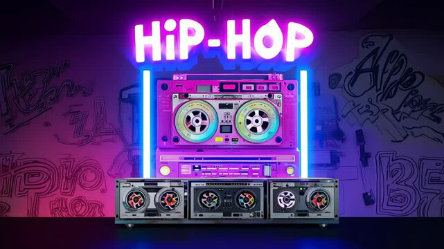 Neon sign "Hip-Hop" above a bright retro boombox against a graffiti background, a cultural atmosphere.