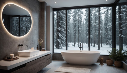 Fototapeta premium Luxury Bathroom with Panoramic Winter View