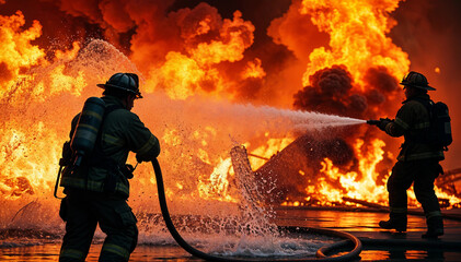A firefighter battles a blazing fire with a pressurized hose, creating a dramatic scene with water slicing through smoke, flames, and dynamic motion.






