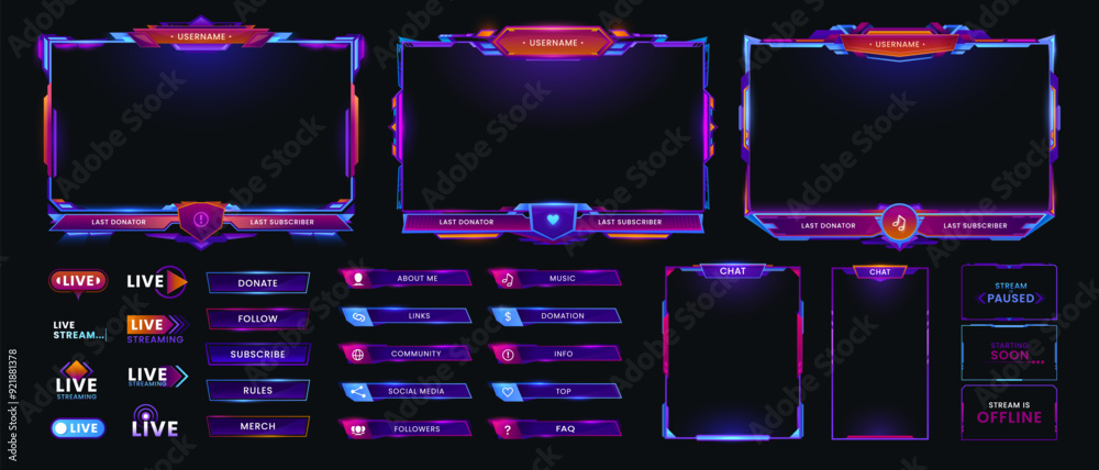 Poster neon overlay game screen and panel interface frames, vector gui buttons and controls. online live st
