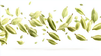 Naklejka premium Cardamom Pods Close-Up Isolated on White - Versatile Spice for Enhancing Taste in Cuisine and Beverages