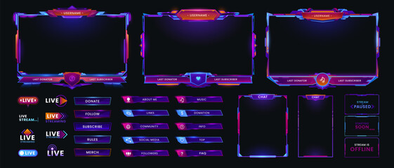 Neon overlay game screen and panel interface frames, vector GUI buttons and controls. Online live stream game interface of neon bars with gamer names and UI information signs, chat and menu options © Vector Tradition