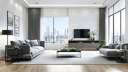 White Interior Design Modern Living Room, Clean Living Room 3d rendering, ai